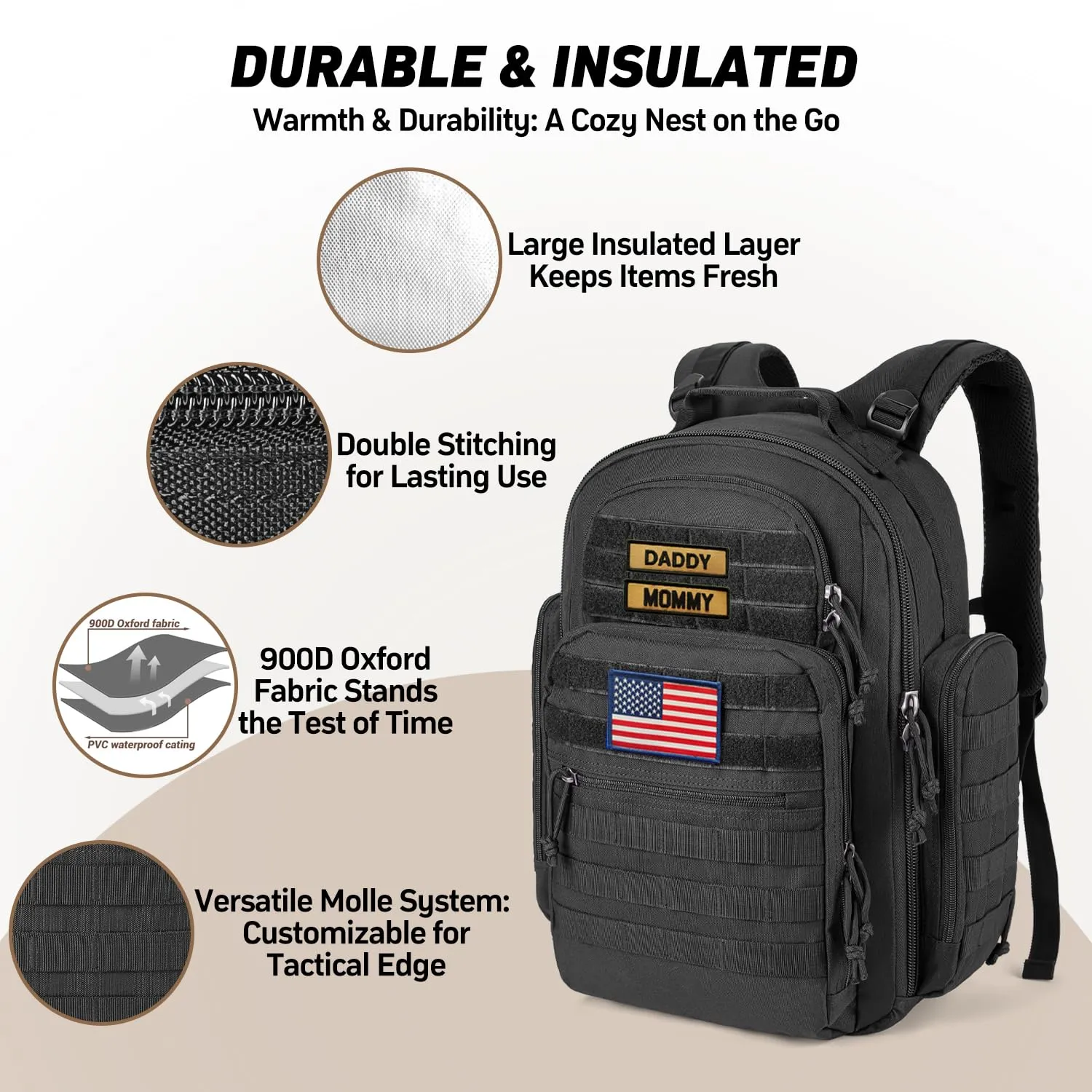 SHARKMOUTH Dad Diaper Bag Military - Large Baby Diaper Backpack with Changing Pad for Travel Camping Trips Park - Newborn Baby Shower Gifts Black