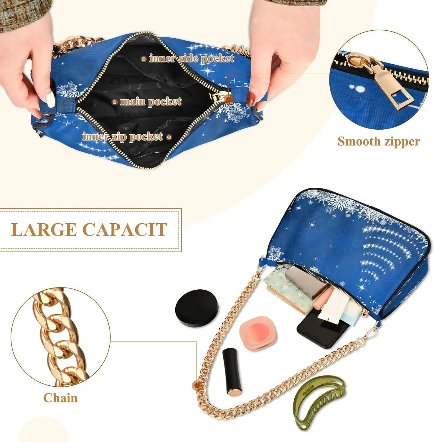 Shoulder Bag for Women Hobo Tote Handbag Gold Chain Crossbody Bag with Zipper Clutch Purse Handbags