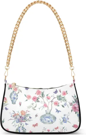 Shoulder Bag for Women Vase with Rose Flowers Bouquet Hobo Purses Handbags for Women with Chain Strap