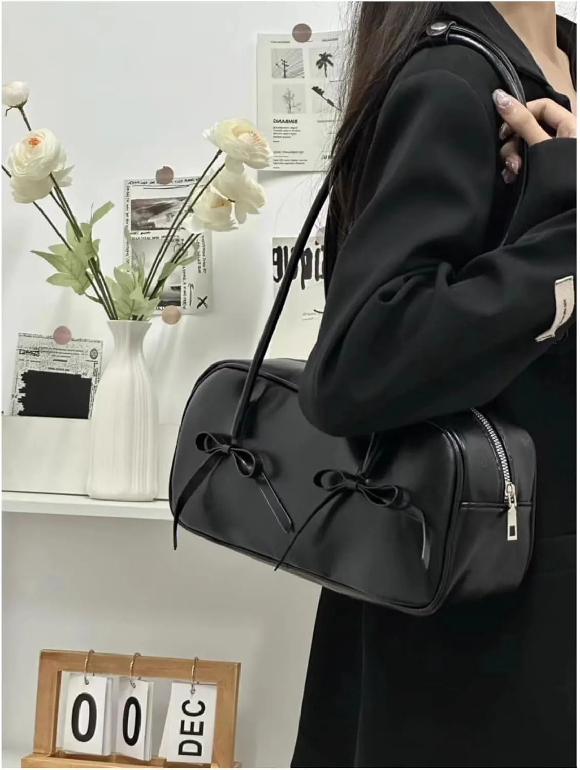 Shoulder Bag for Women with Bow Tie, Retro Swing Zip Shoulder Handbag - Top Handle Hobo Purse for Work/Travel/Shop