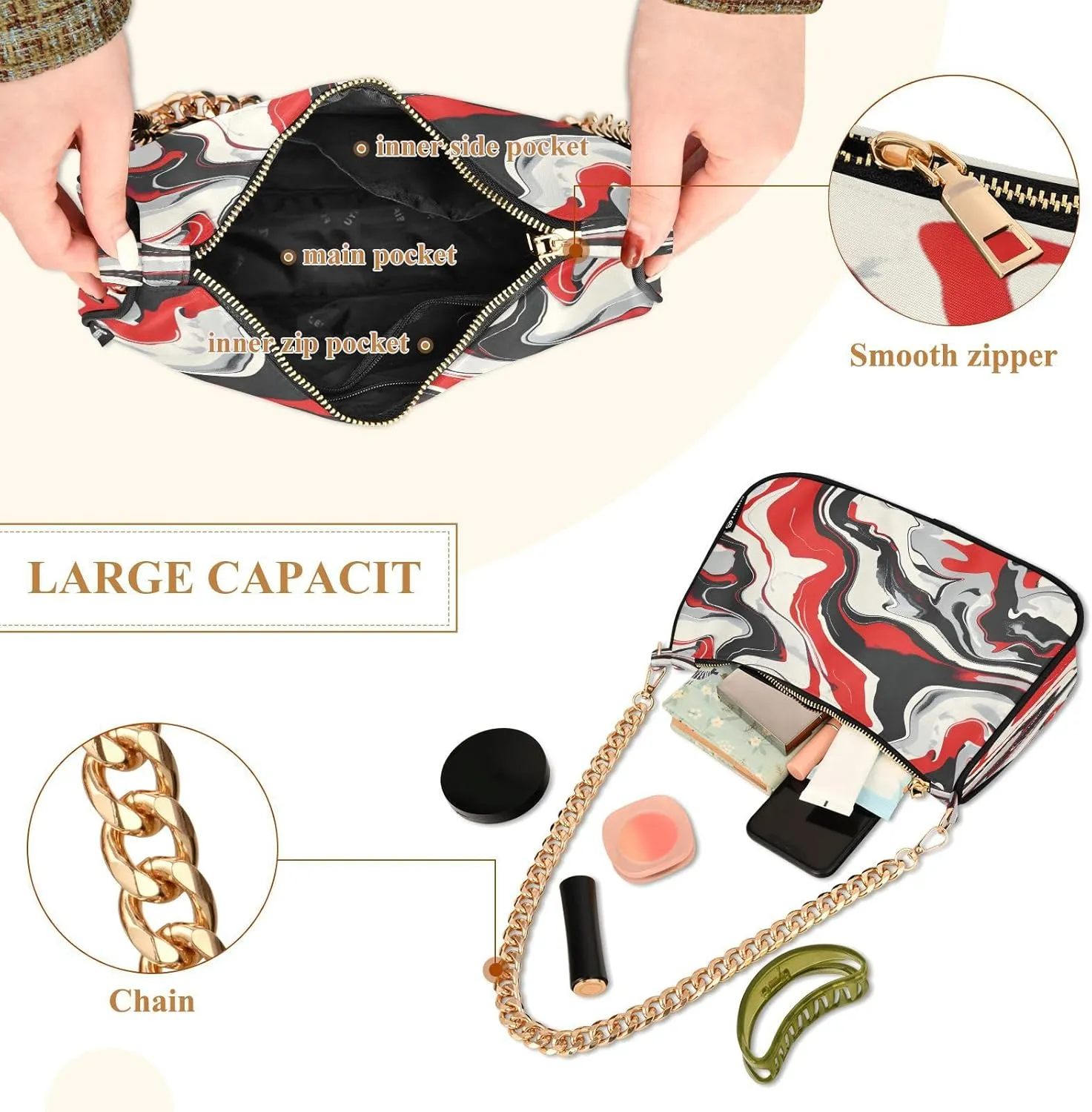 Shoulder Bags for Women Colorful Marble Texture Hobo Tote Handbag Small Clutch Purse with Zipper Closure