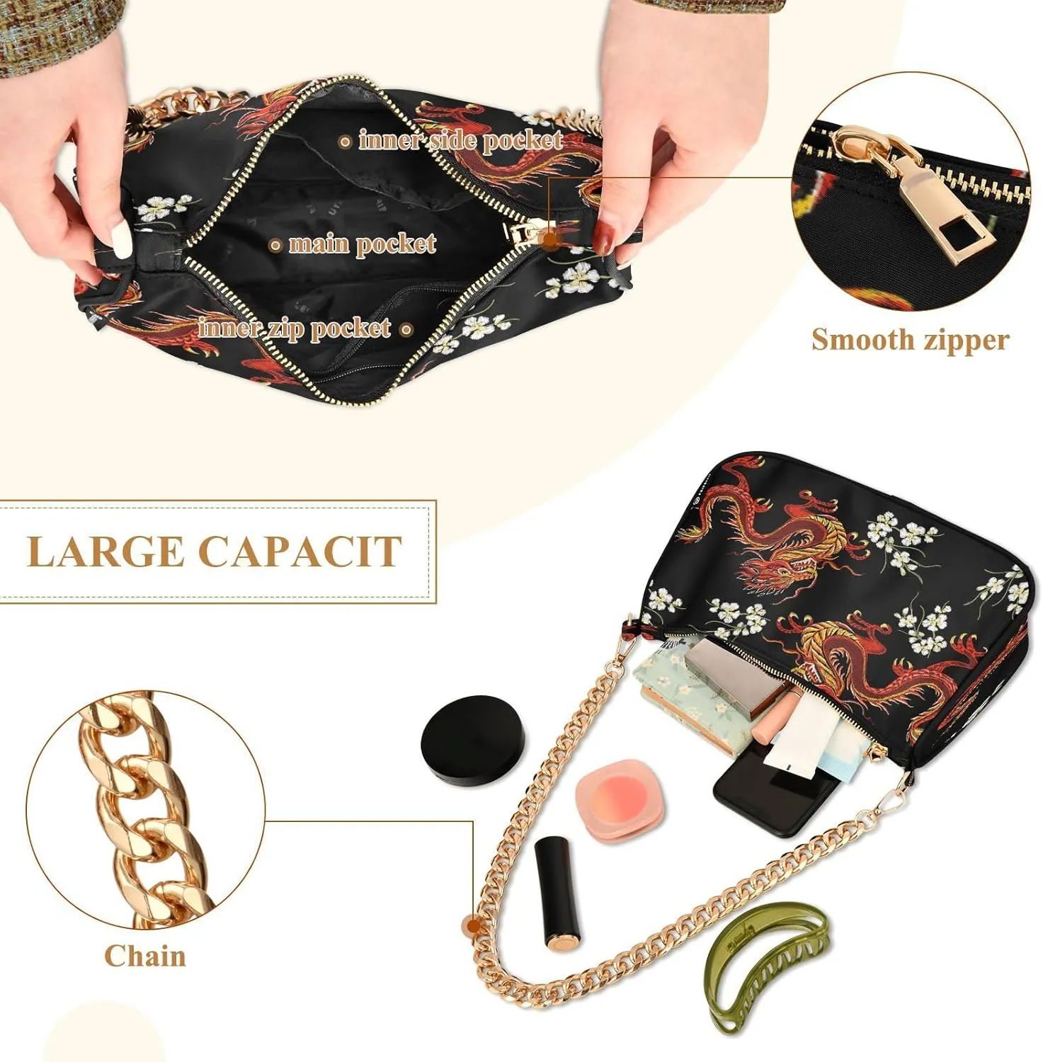 Shoulder Bags for Women Fire Water Dragon Hobo Tote Handbag Small Clutch Purse with Zipper Closure