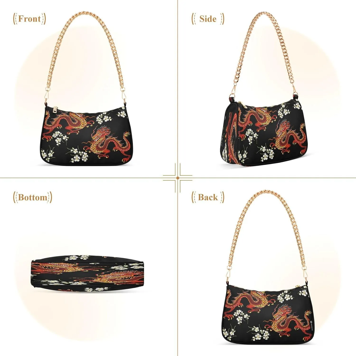 Shoulder Bags for Women Fire Water Dragon Hobo Tote Handbag Small Clutch Purse with Zipper Closure