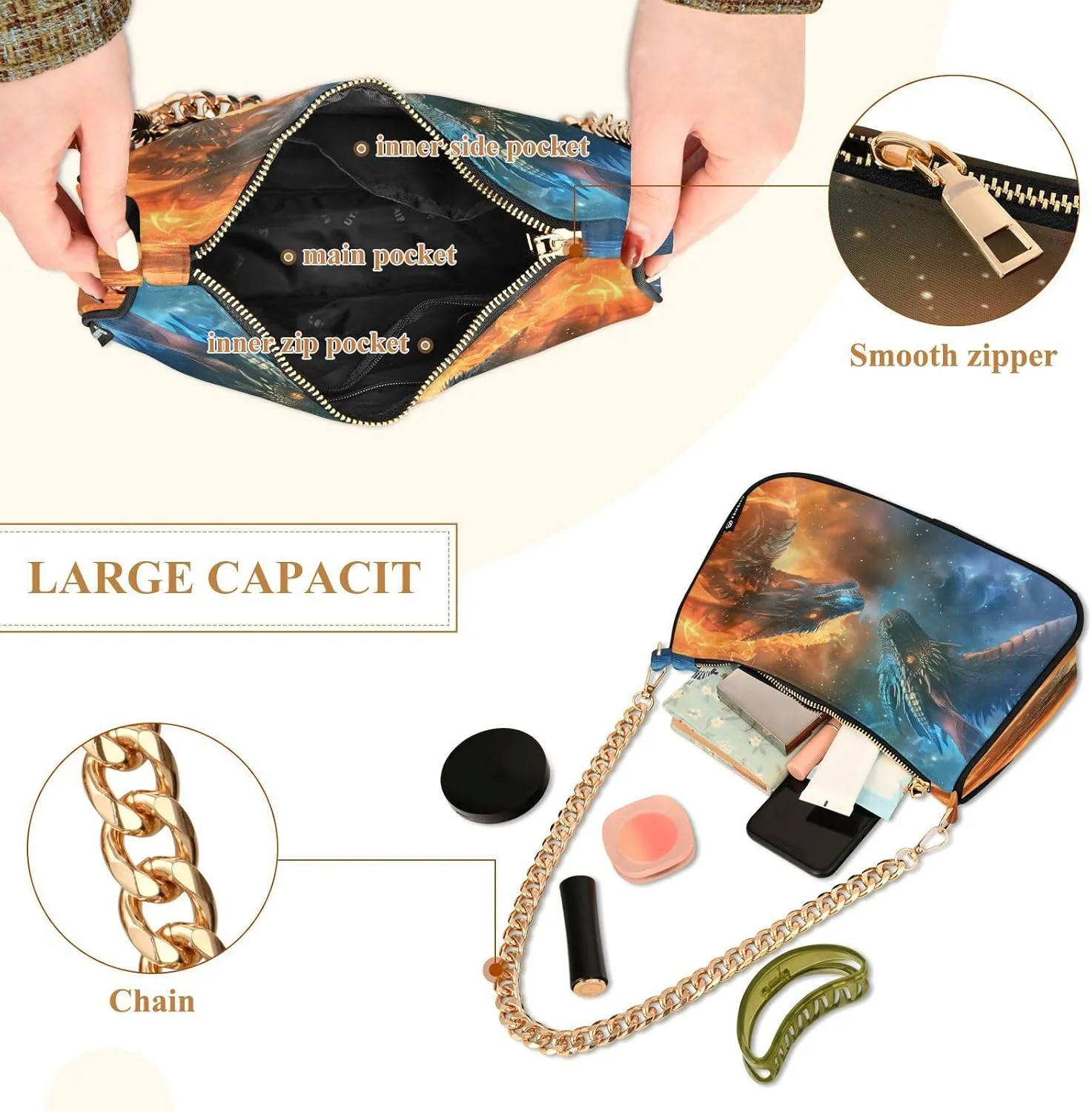 Shoulder Bags for Women Fire Water Dragon Hobo Tote Handbag Small Clutch Purse with Zipper Closure