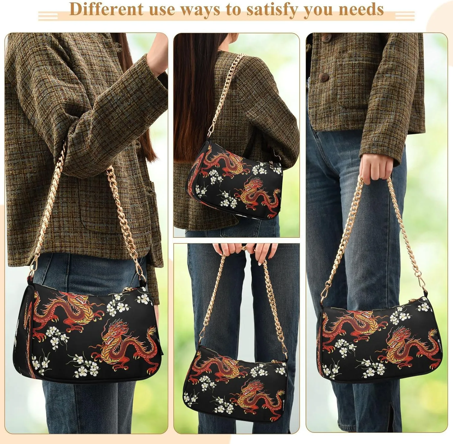 Shoulder Bags for Women Fire Water Dragon Hobo Tote Handbag Small Clutch Purse with Zipper Closure