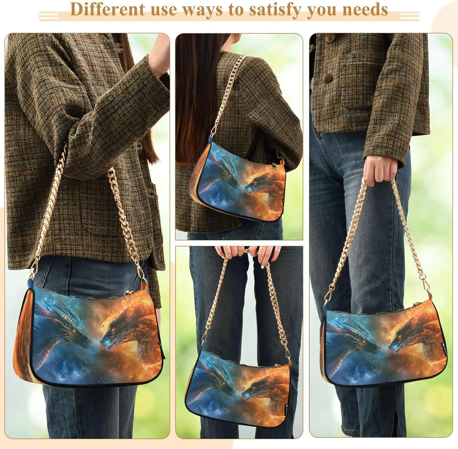 Shoulder Bags for Women Fire Water Dragon Hobo Tote Handbag Small Clutch Purse with Zipper Closure