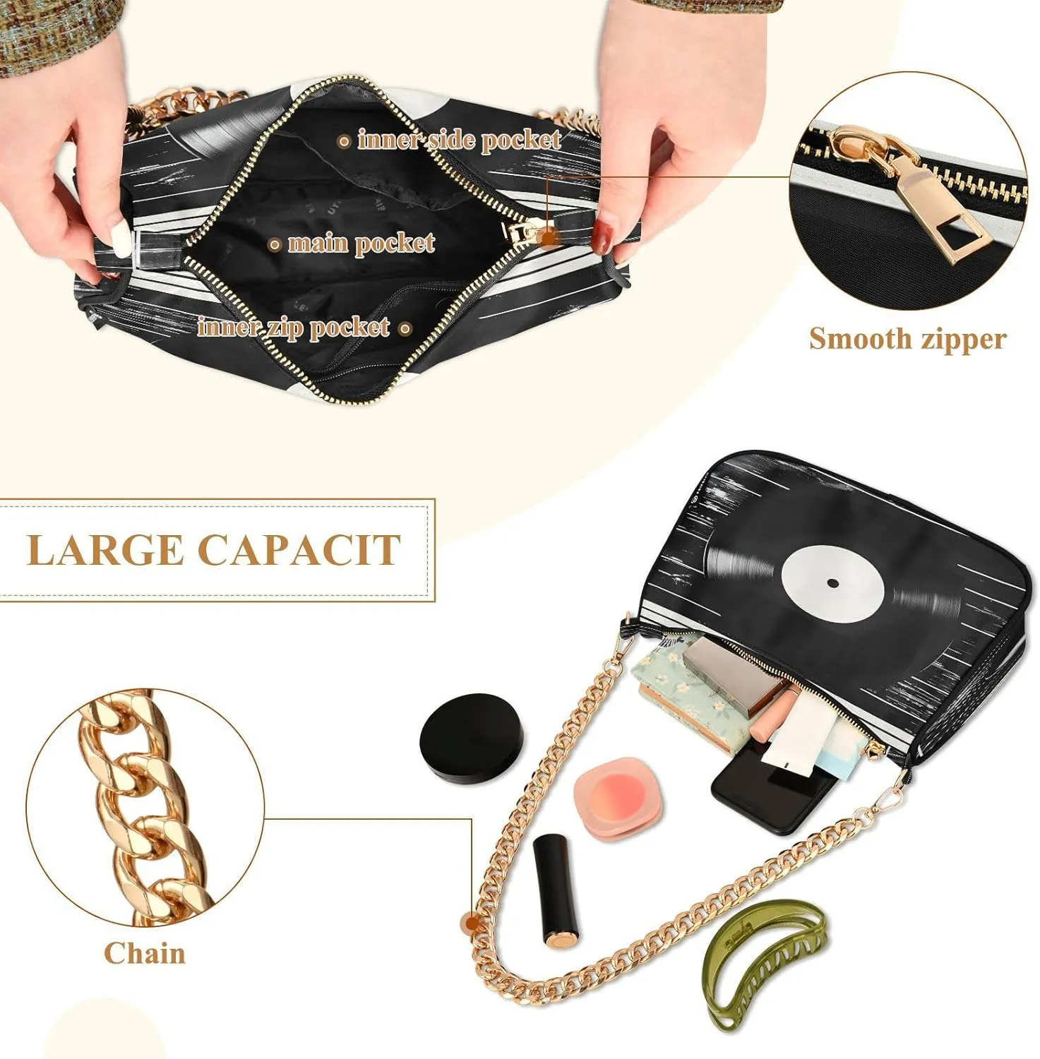 Shoulder Bags for Women Music Notes Piano Hobo Tote Handbag Small Clutch Purse with Zipper Closure