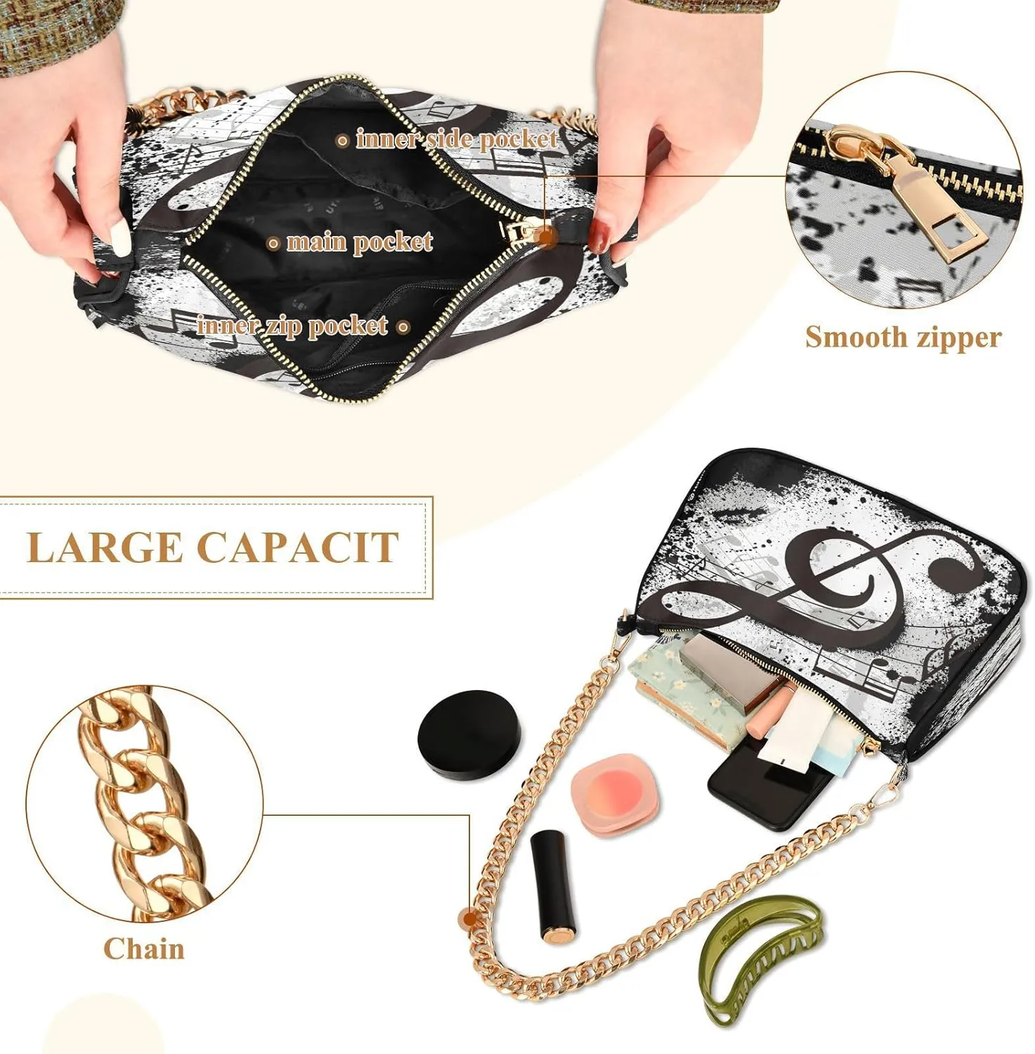 Shoulder Bags for Women Music Notes Piano Hobo Tote Handbag Small Clutch Purse with Zipper Closure