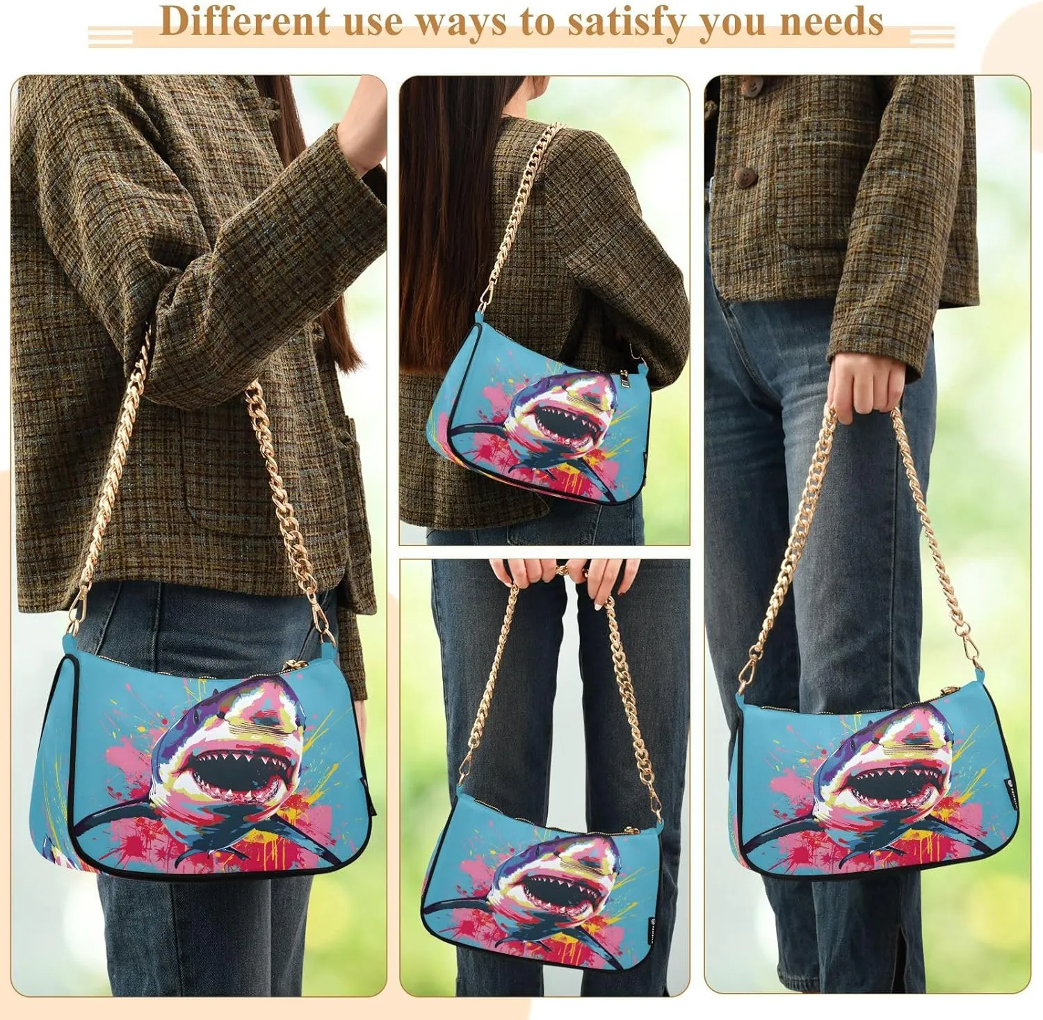 Shoulder Bags for Women Shark Hobo Tote Handbag Small Clutch Purse with Zipper Closure