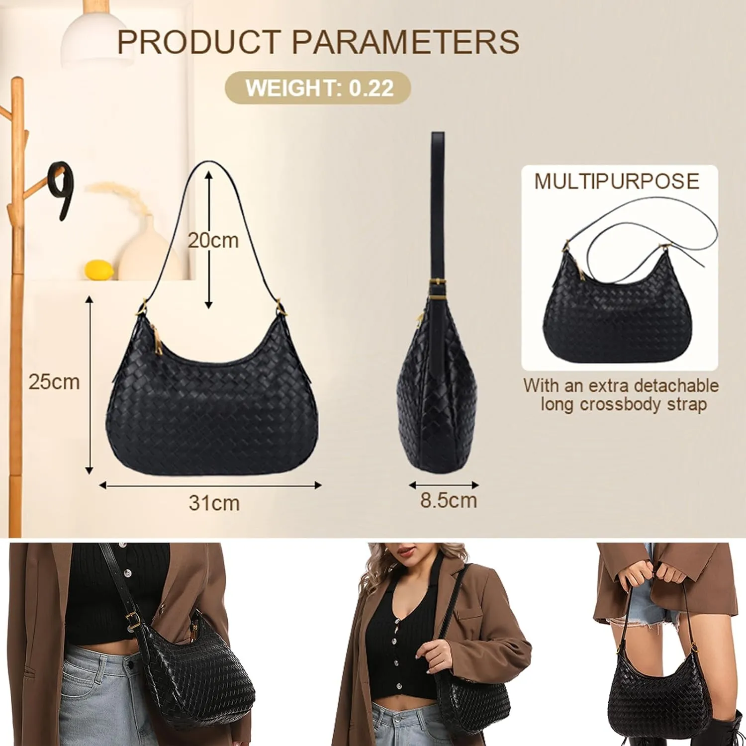 Shoulder Handbags for Women Crossbody Woven Leather Tote Shoulder Bag Purse Hobo Lightweight With Zipper Adjustable Strap