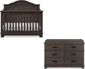 Simmons Kids Asher Crib and Dresser Nursery Furniture – 6-in-1 Convertible Crib with Toddler Rail | Fully Assembled 6 Drawer Dresser with Changing Top | Greenguard Gold Certified | Rustic Grey