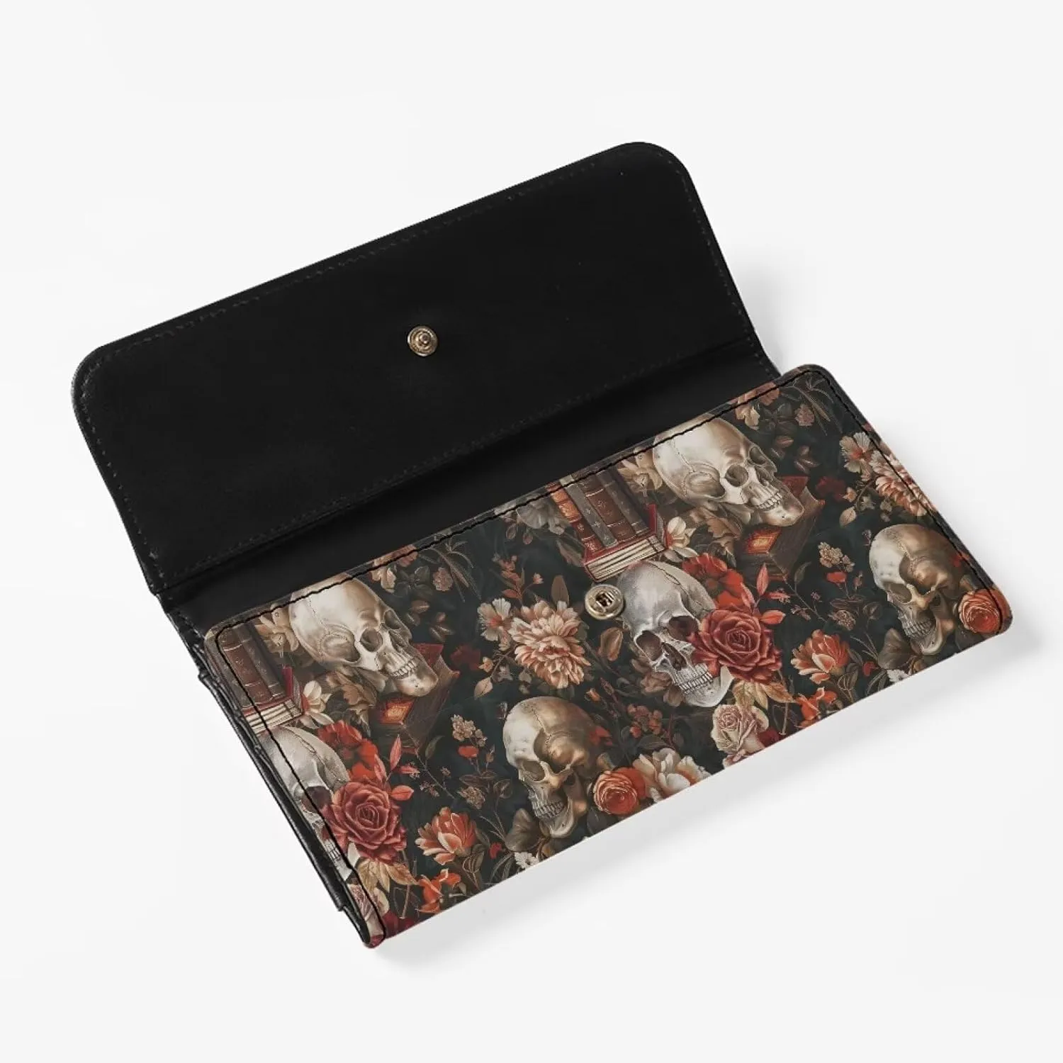 Skulls Floral Long Wallet for Women Antique Books Print Leather Trifold Slim Clutch Wallets with ID Window, Gothic Roses Skull Billfold Purse Credit Card Holder