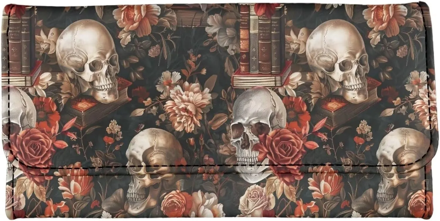 Skulls Floral Long Wallet for Women Antique Books Print Leather Trifold Slim Clutch Wallets with ID Window, Gothic Roses Skull Billfold Purse Credit Card Holder