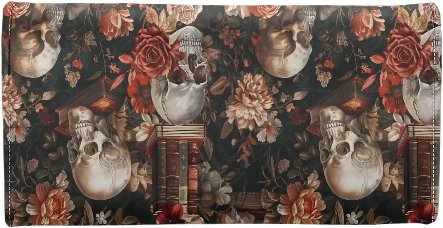 Skulls Floral Long Wallet for Women Antique Books Print Leather Trifold Slim Clutch Wallets with ID Window, Gothic Roses Skull Billfold Purse Credit Card Holder