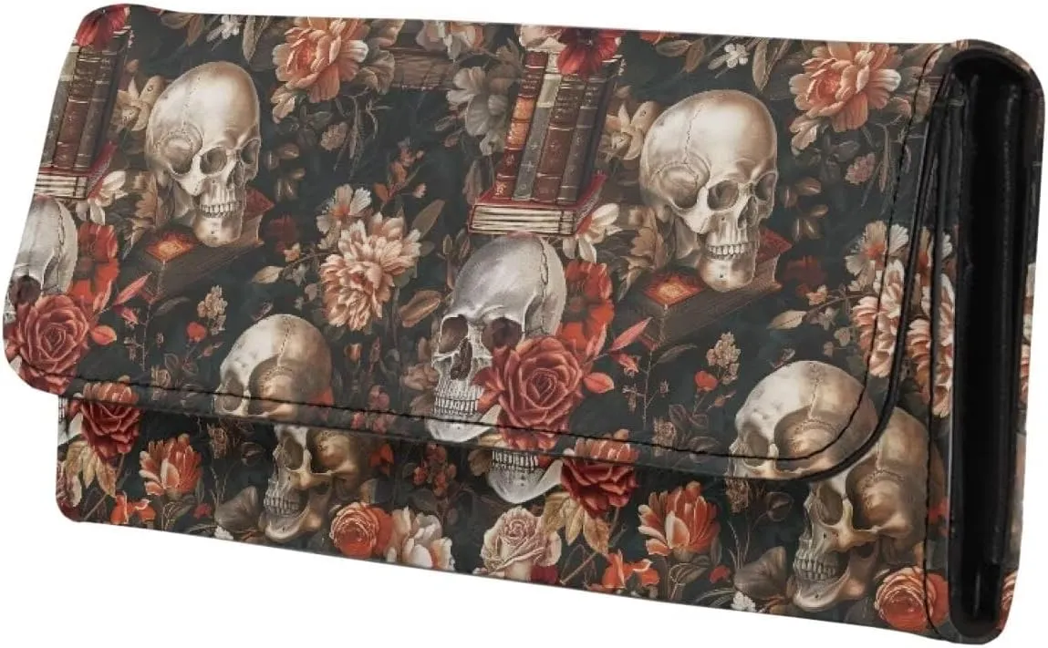 Skulls Floral Long Wallet for Women Antique Books Print Leather Trifold Slim Clutch Wallets with ID Window, Gothic Roses Skull Billfold Purse Credit Card Holder