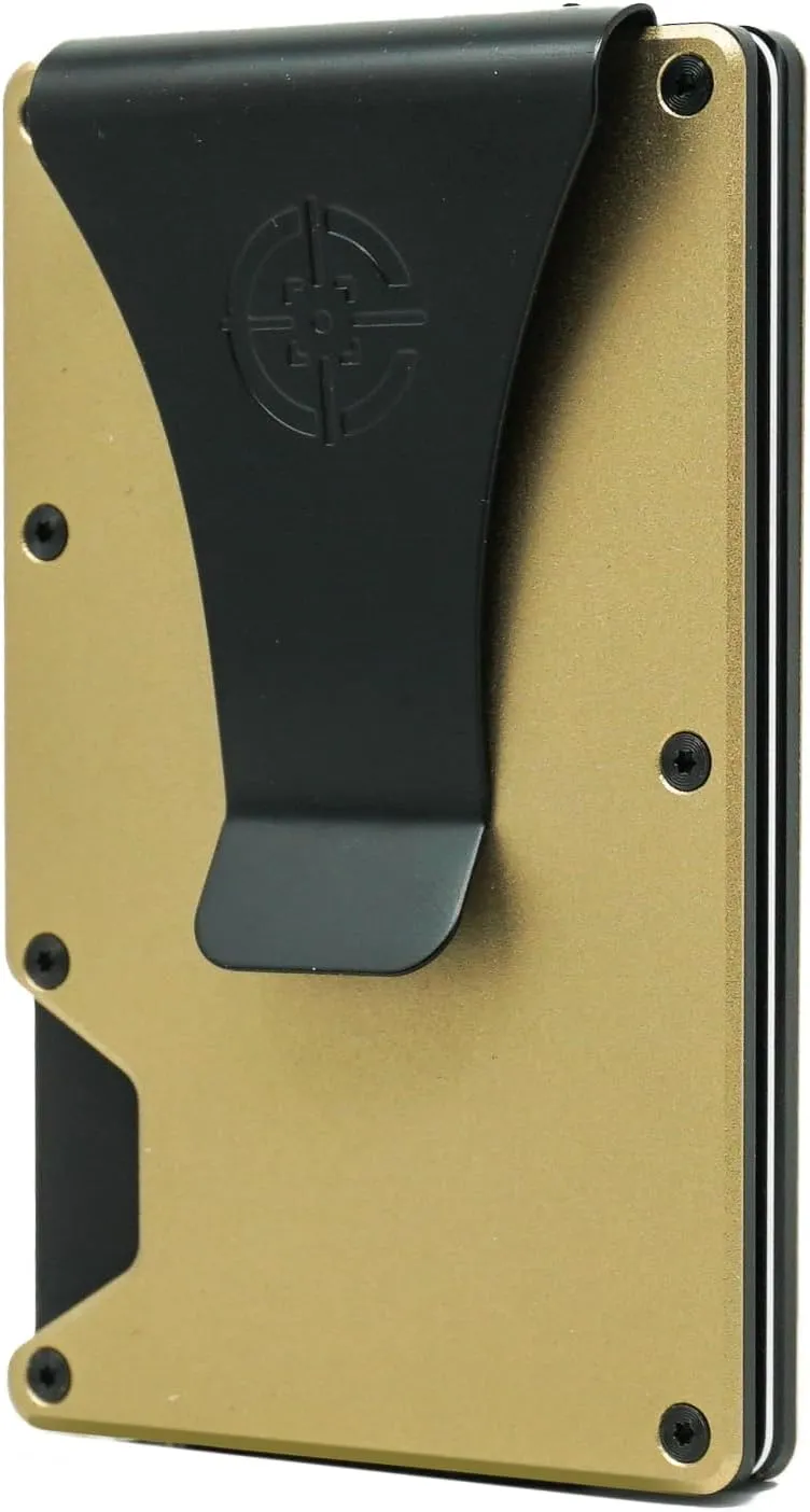 Slim Minimalist Wallet for Men and Women | RFID Blocking Front Pocket Metal Wallet Card Holder | with Removable Money Clip and Cash Strap | Aluminum, Desert Metallic