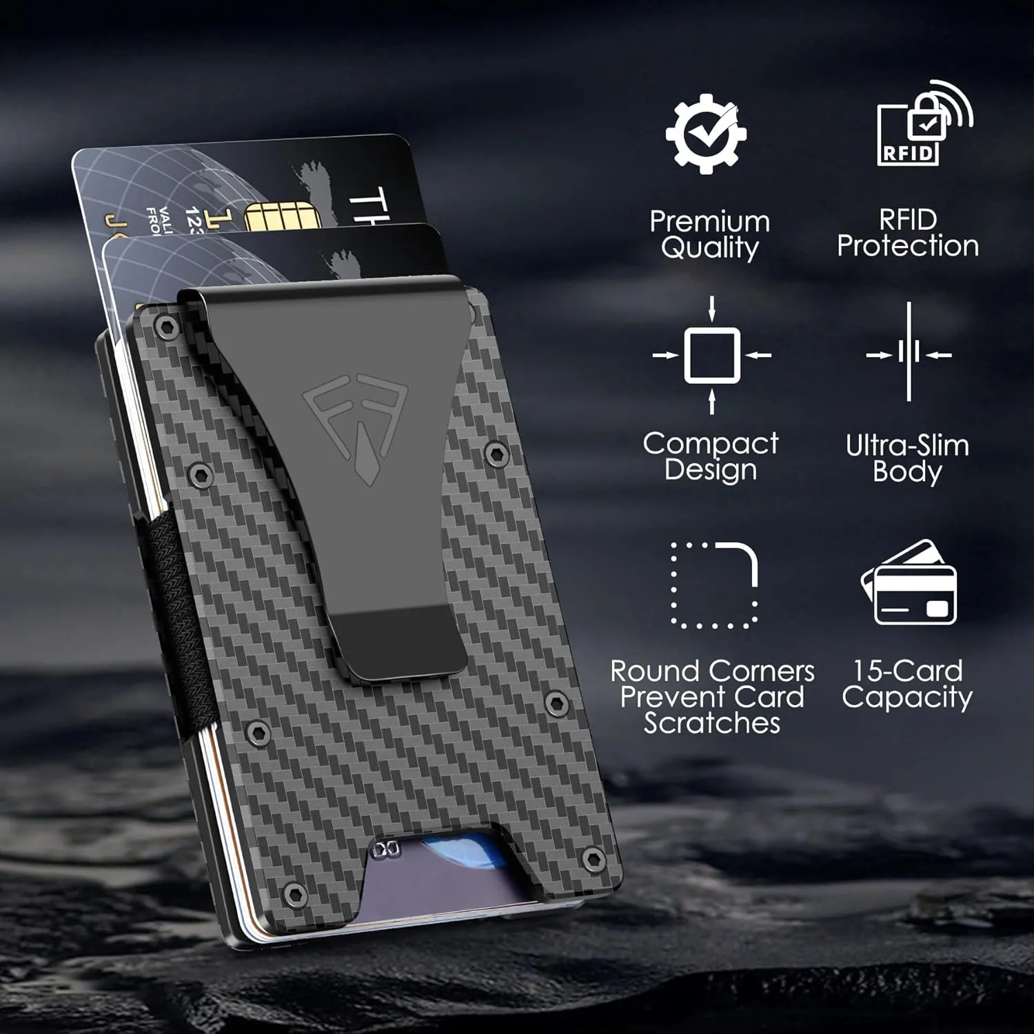 Slim Minimalist Wallet for Men with Money Clip - 15 Credit Card Holder RFID Wallet for Men - Front Pocket Mens Wallet with Compact Design - Easy to Access for Cards - Ideal Gift for Him(Carbon Fiber)