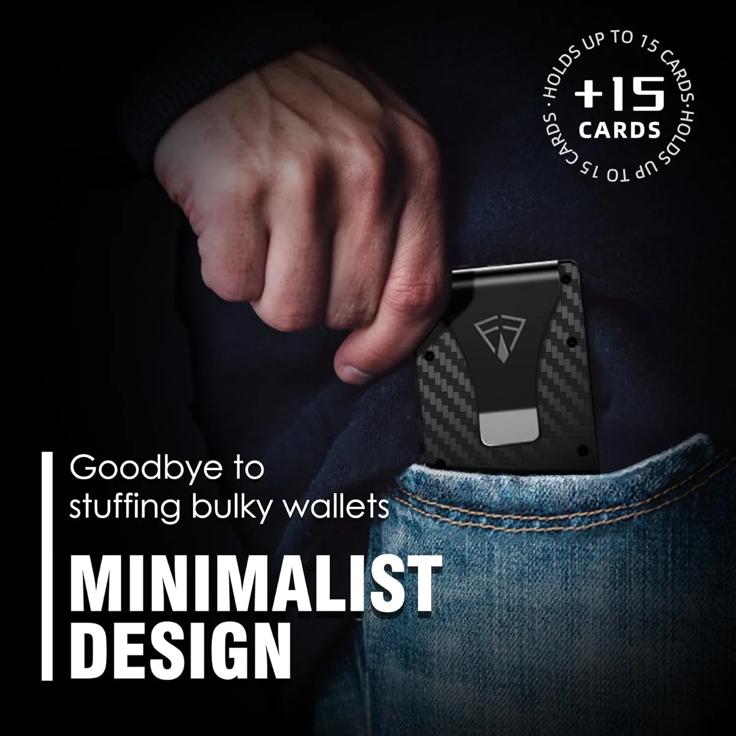Slim Minimalist Wallet for Men with Money Clip - 15 Credit Card Holder RFID Wallet for Men - Front Pocket Mens Wallet with Compact Design - Easy to Access for Cards - Ideal Gift for Him(Carbon Fiber)
