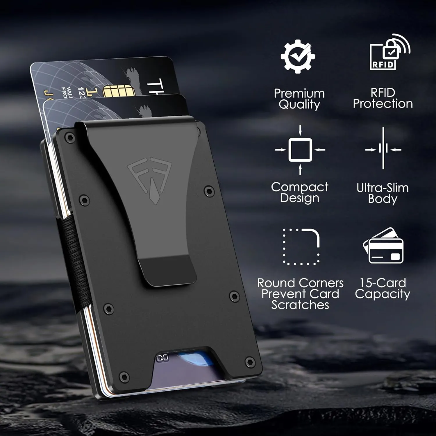 Slim Minimalist Wallet for Men with Money Clip - 15 Credit Card Holder RFID Wallet for Men - Front Pocket Mens Wallet with Compact Design - Easy to Access for Cards - Ideal Gift for Him(Space Black)