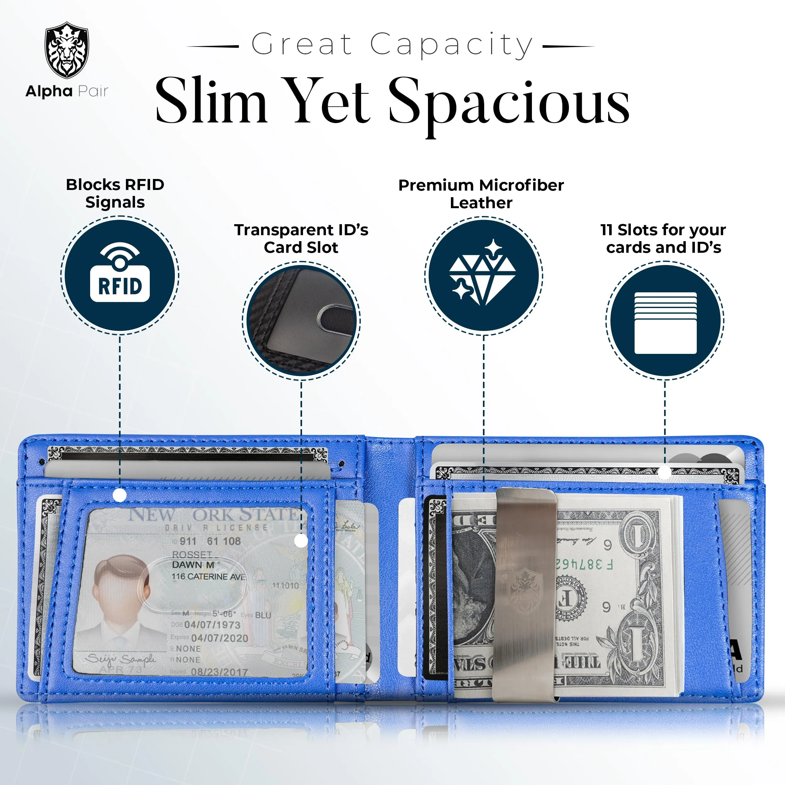 Slim RFID Men Wallets with Money Clip and 12 Cards Holder