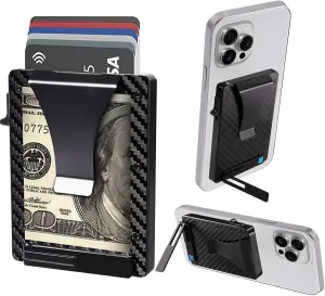 Slim Wallet for Men: MagSafe Wallet with Stand 5-6 Card Capacity with Money Clip Carbon Fiber Front Pocket Pop Up Card Case Minimalist with Phone Stand for iPhone 16/15/14/13/12 Series Black