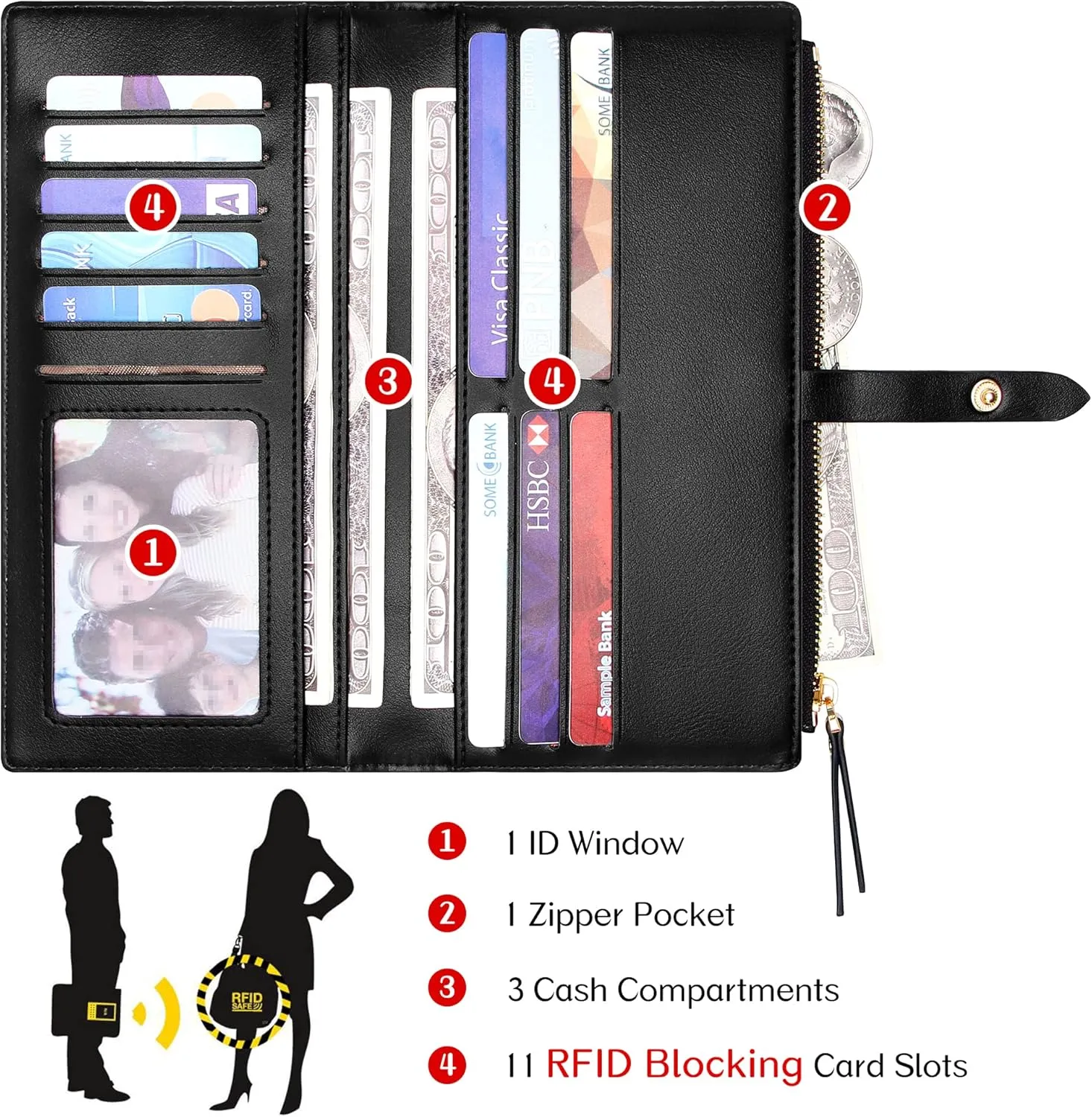 Slim Wallets for Women Credit Card Holder RFID Bifold Clutch Wallets Checkbook with Zipper Pocket