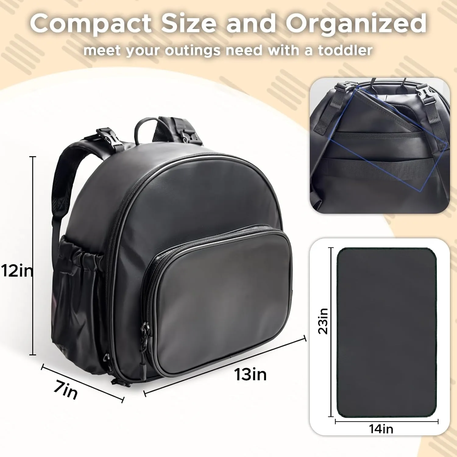 Small Diaper Backpack with 180° Opening, Small Diaper Backpack Bag with 23"*14"Changing Pad, 2*Insulated Pockets, Stroller Straps, for Excursions Short Quickly Day Out Artificial Leather