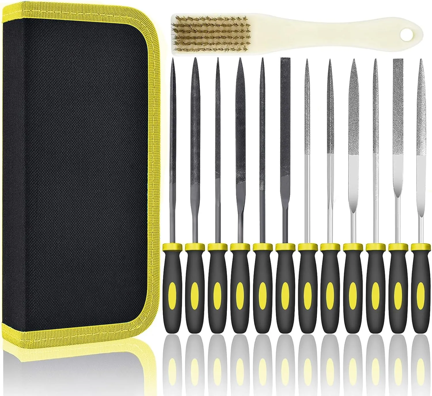 Small File Set, Needle Diamond File 13PCS, 6pcs Jewlers Files & 6pcs Steel Files Precision Metal Work, Woodworking, Plastic Carving Tool with Steel Brush and Carry Case