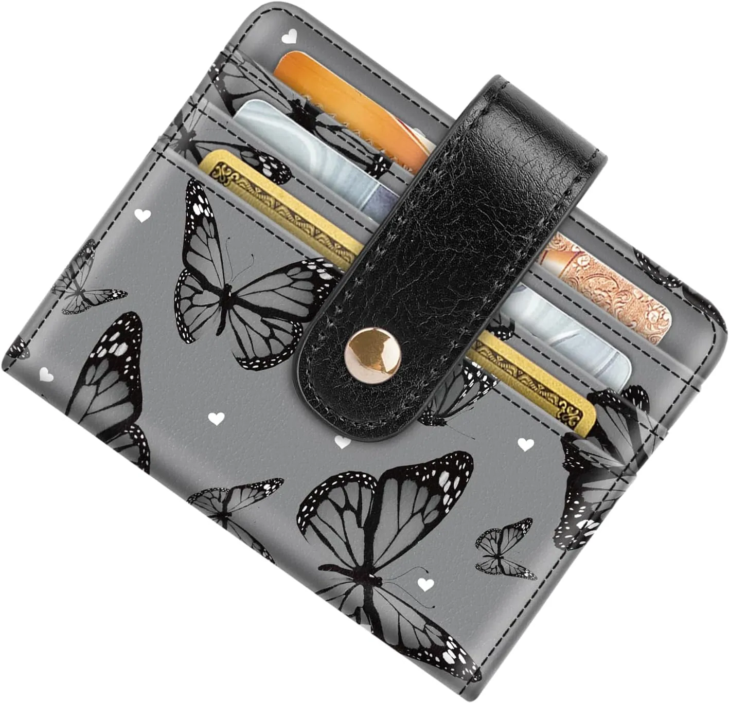 Small Wallets for Women Slim Minimalistfor Bifold Credit Card Holder for Pocket or Purse, Black Butterflies