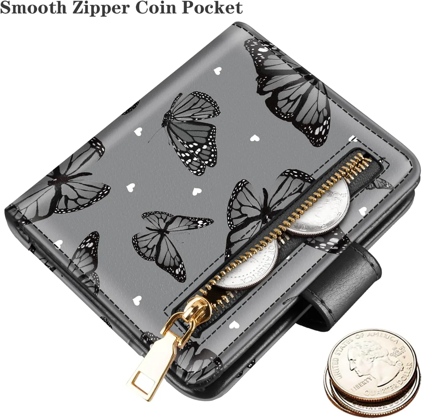 Small Wallets for Women Slim Minimalistfor Bifold Credit Card Holder for Pocket or Purse, Black Butterflies