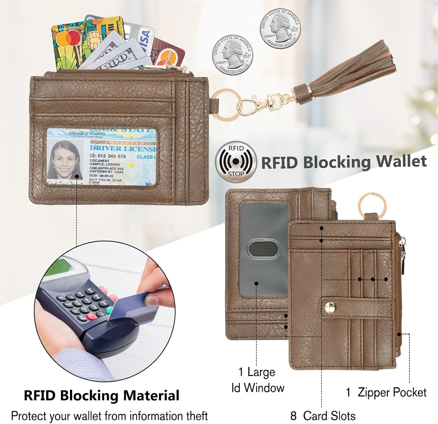 Small Wristlet Wallets for Women RFID Credit Card Holder Wallet Keychain Wristlet Wallet Credit Card Wallets for Women (Clay Brown)