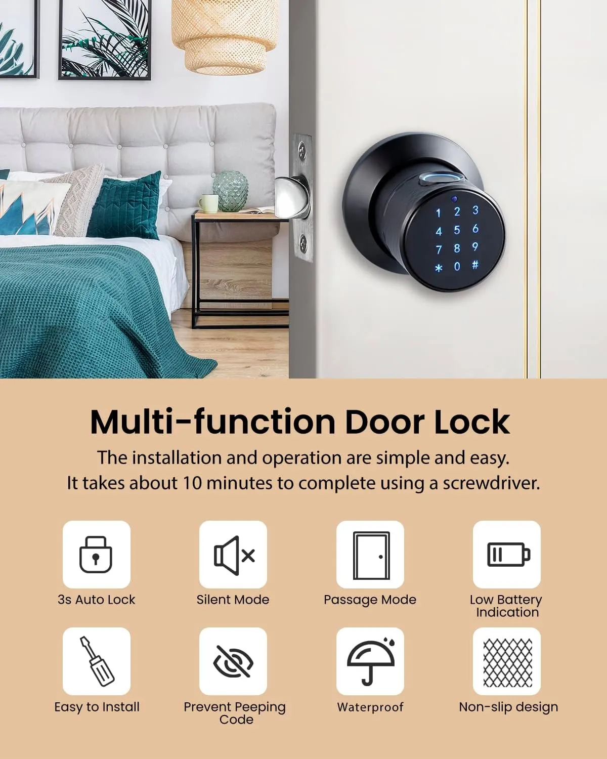 Smart Fingerprint Door Knob, Keypad Door Knob with Big Sensor, Keyless Entry Door Locks with Handle, Unlocking Records for Home, Office, Hotel and Garage(NO APP)