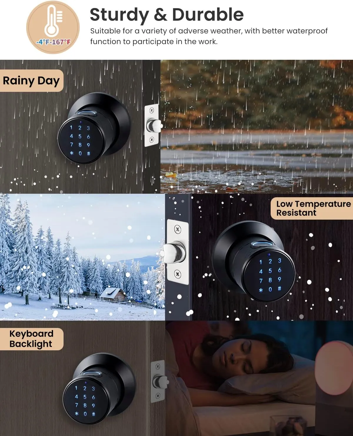 Smart Fingerprint Door Knob, Keypad Door Knob with Big Sensor, Keyless Entry Door Locks with Handle, Unlocking Records for Home, Office, Hotel and Garage(NO APP)