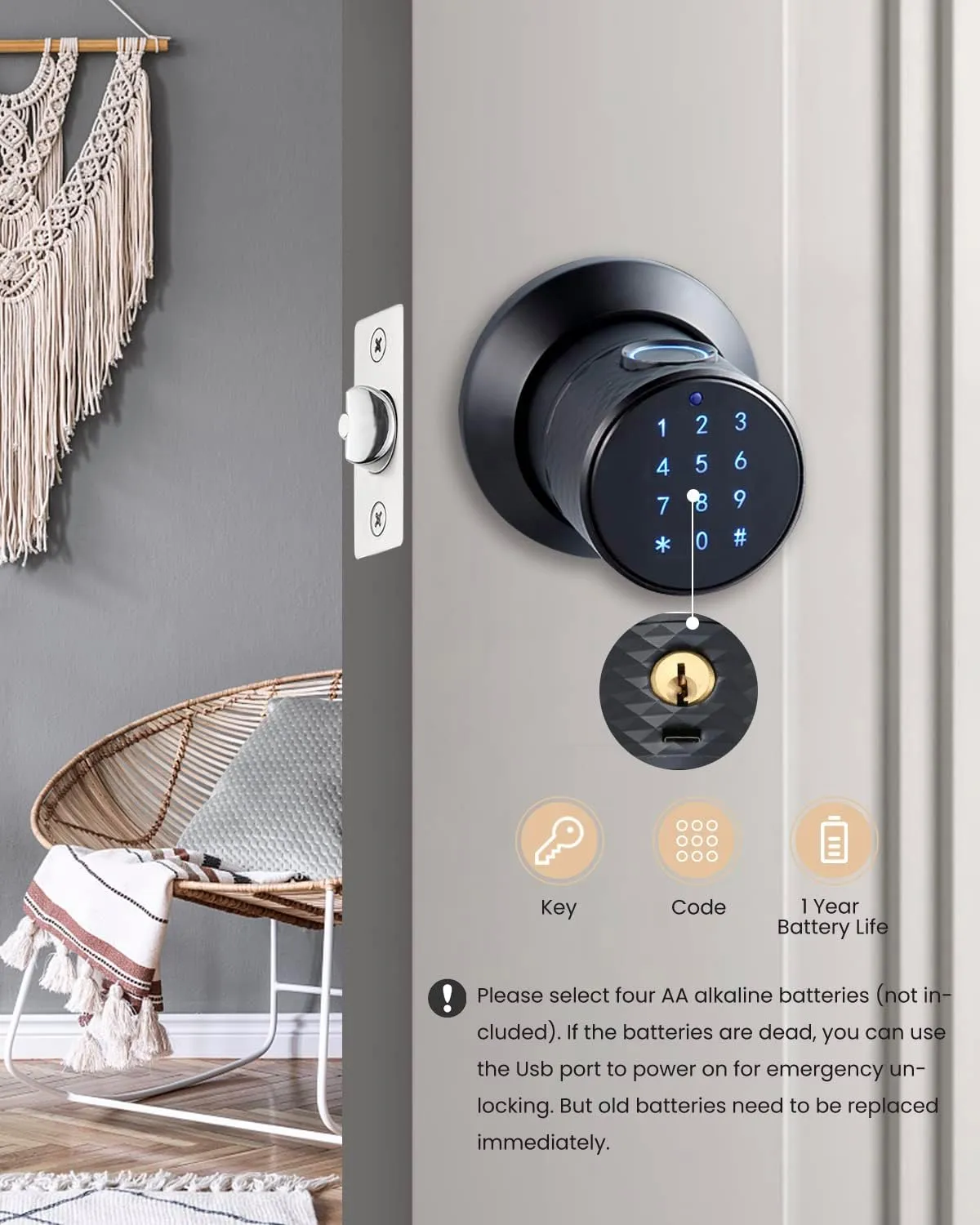 Smart Fingerprint Door Knob, Keypad Door Knob with Big Sensor, Keyless Entry Door Locks with Handle, Unlocking Records for Home, Office, Hotel and Garage(NO APP)