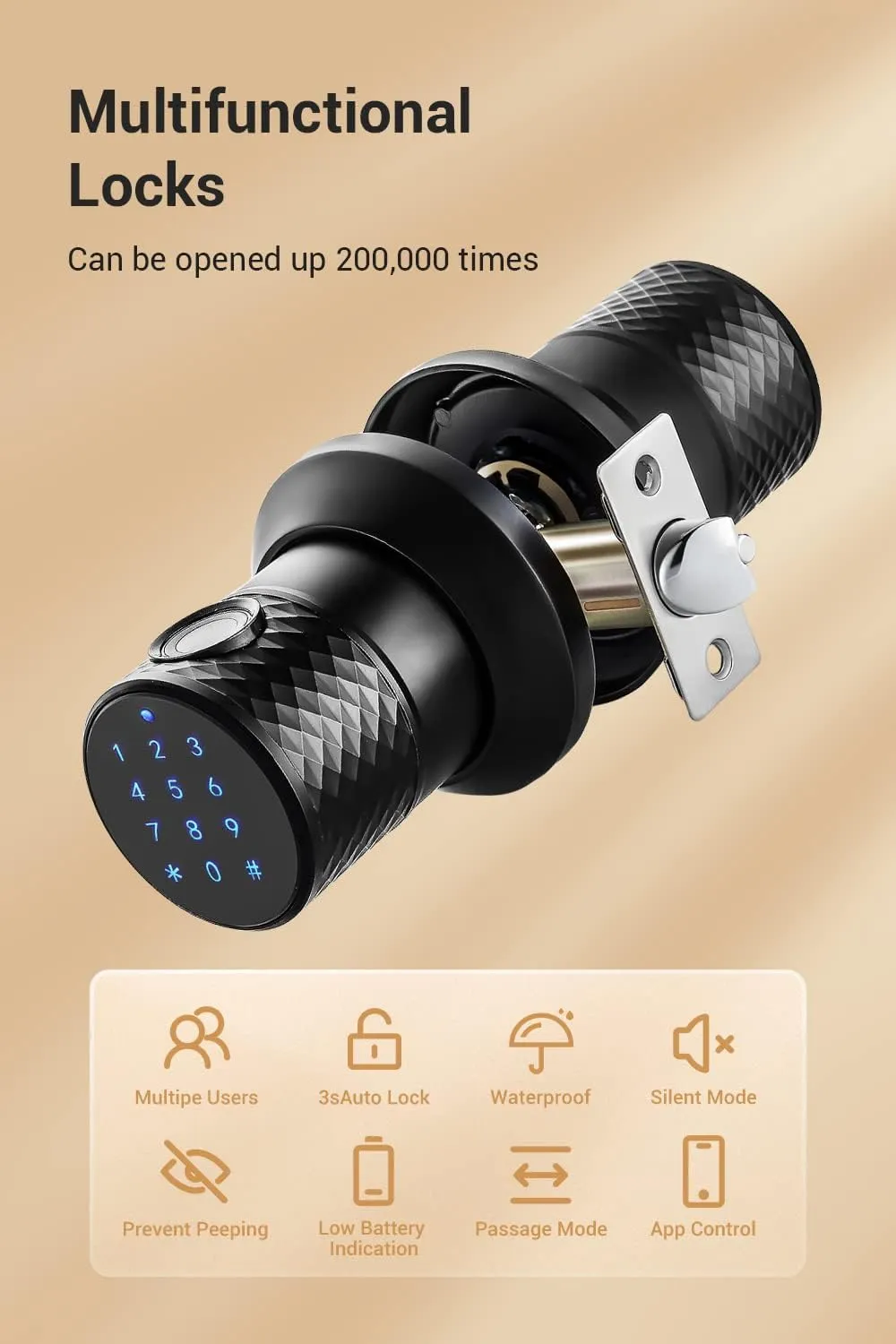 Smart Fingerprint Door Knob with Keypad, Keyless Touchscreen Digital Entry Door Lock, Secure Bluetooth, App Control, Anti-Slip Handle, Easy to Install, Auto Door Lock for Home, Hotel, Office, Garage