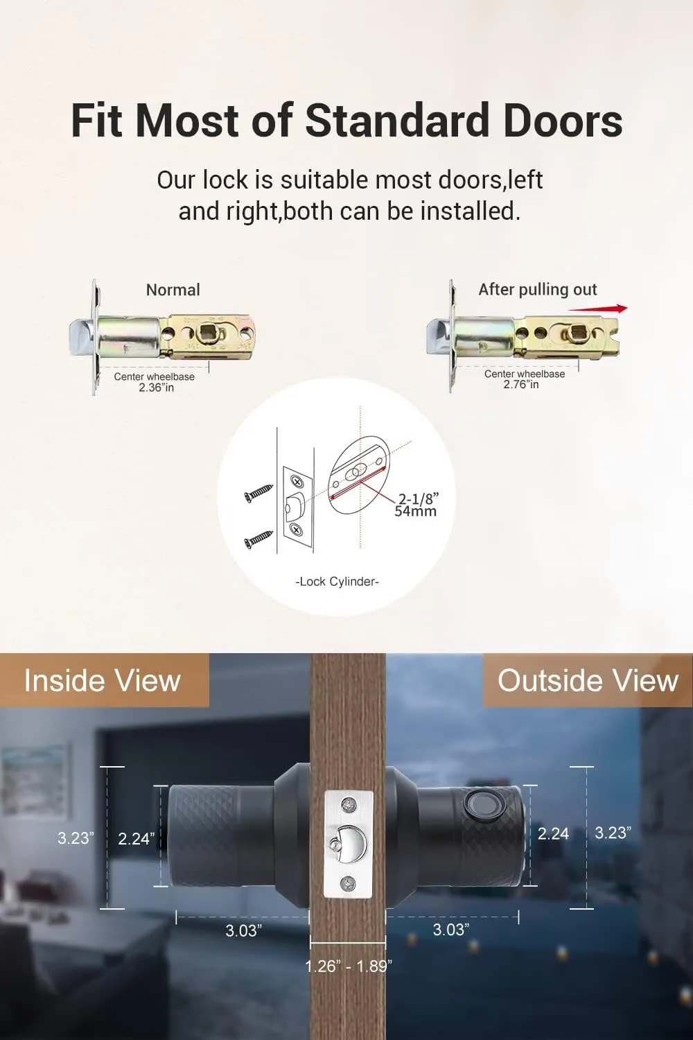 Smart Fingerprint Door Knob with Keypad, Keyless Touchscreen Digital Entry Door Lock, Secure Bluetooth, App Control, Anti-Slip Handle, Easy to Install, Auto Door Lock for Home, Hotel, Office, Garage