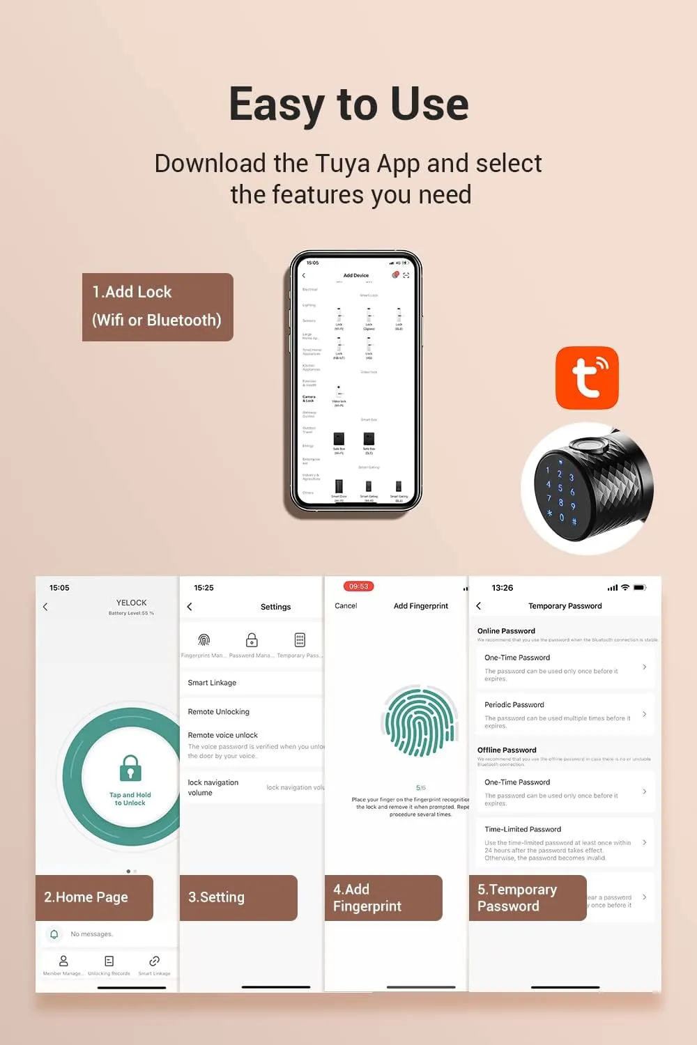 Smart Fingerprint Door Knob with Keypad, Keyless Touchscreen Digital Entry Door Lock, Secure Bluetooth, App Control, Anti-Slip Handle, Easy to Install, Auto Door Lock for Home, Hotel, Office, Garage