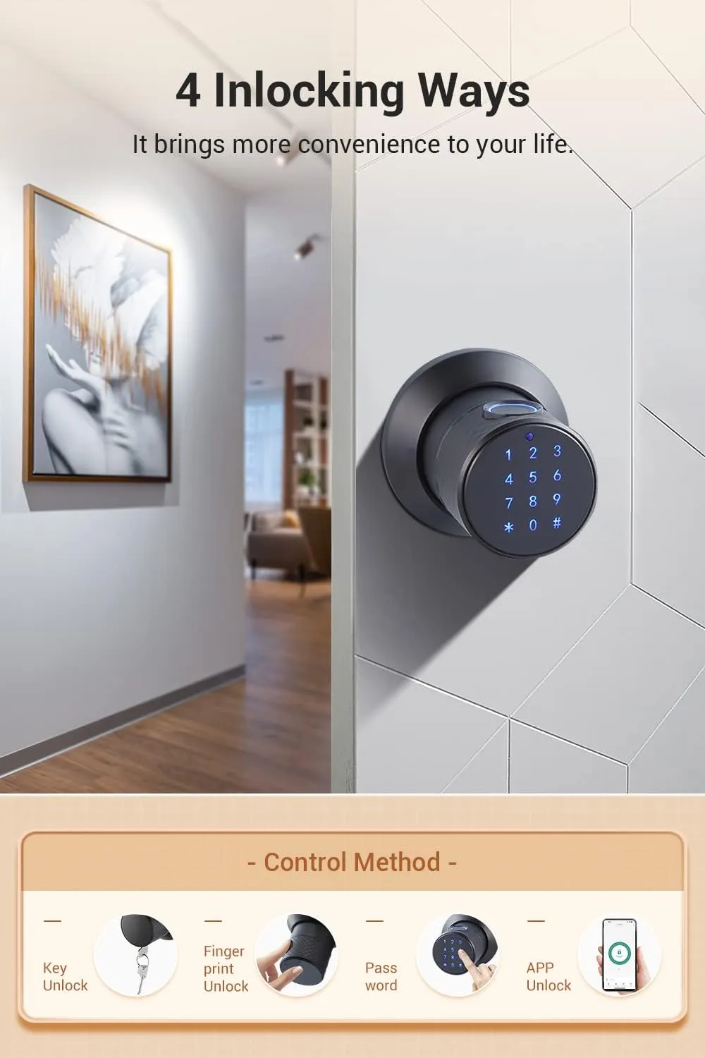 Smart Fingerprint Door Knob with Keypad, Keyless Touchscreen Digital Entry Door Lock, Secure Bluetooth, App Control, Anti-Slip Handle, Easy to Install, Auto Door Lock for Home, Hotel, Office, Garage