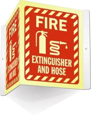 Smartsign S-8790G-AVG-06 "Fire Extinguisher and Hose" Projecting Photoluminescent Aluminum V-Sign, 6" Length, 5" Width, 4" Height