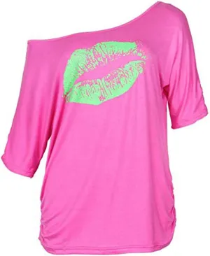 Smile Fish Women Casual Oversized Sexy Lips Print Off Shoulder T-Shirt