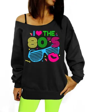 Smile Fish Women's Sexy Off The Shoulder 80s Outfit Sweatshirt Slouchy Printed Long Tunics Top