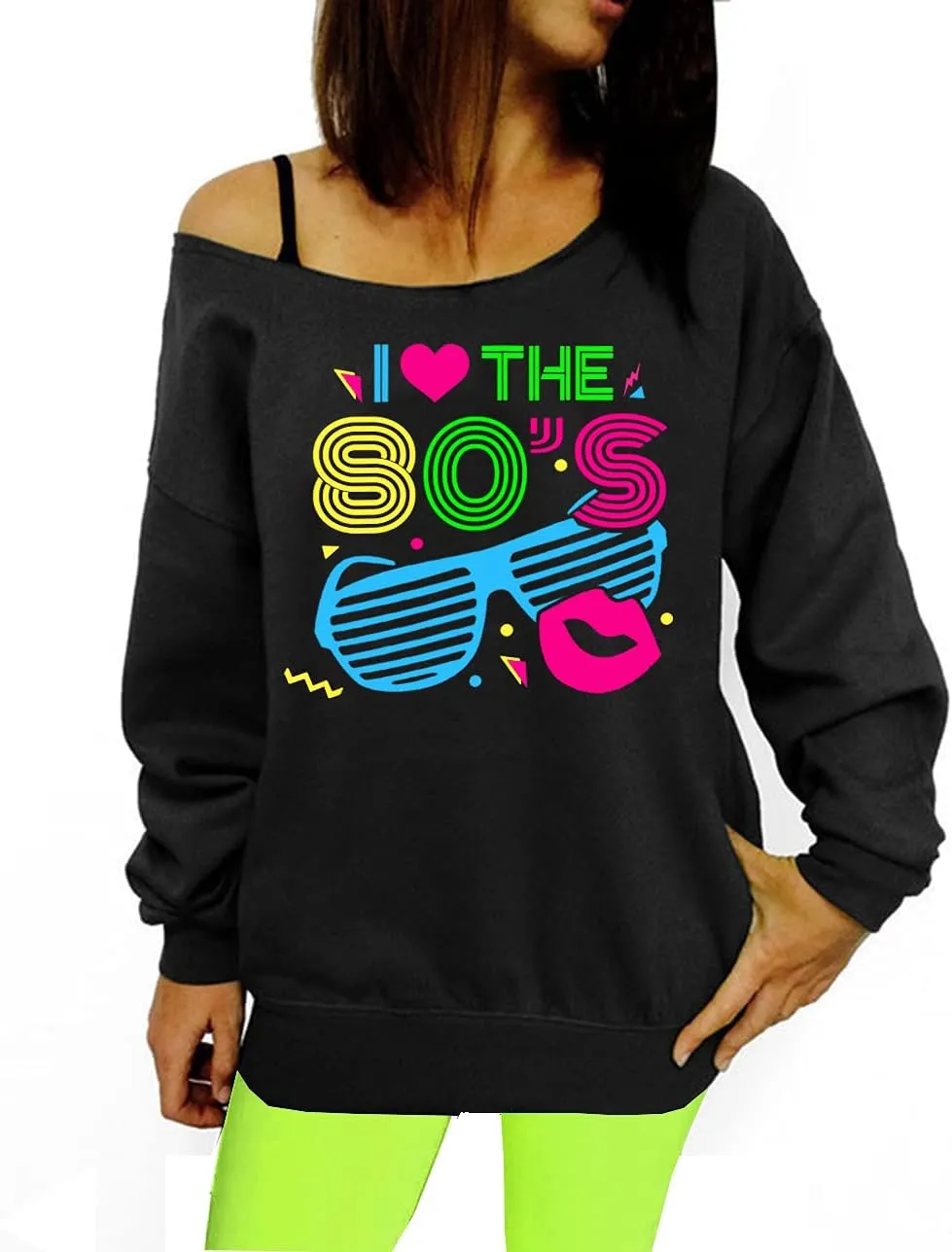 Smile Fish Women's Sexy Off The Shoulder 80s Outfit Sweatshirt Slouchy Printed Long Tunics Top