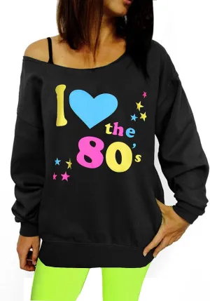 Smile Fish Women's Sexy Off The Shoulder 80s Outfit Sweatshirt Slouchy Printed Long Tunics Top