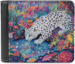Snow Leopard Psychedelic Garden Stream Slim Mens Leather Wallet Minimalist Blocking Bifold Wallets Purse with 6 Credit Card Holder