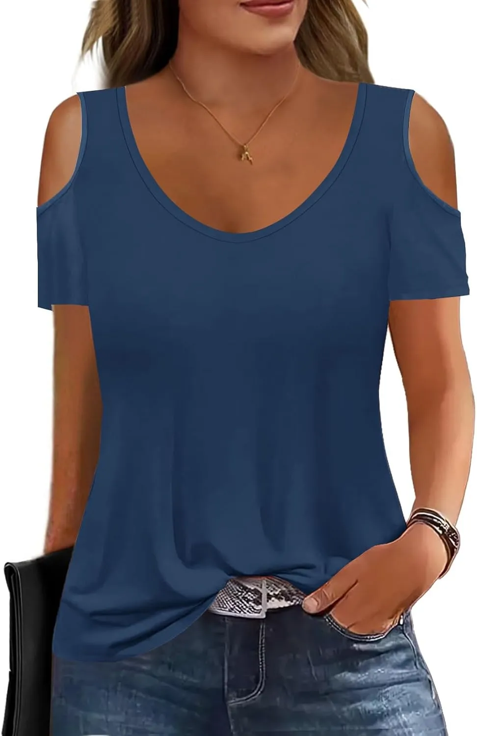 Soesdemo Women Summer Tops Scoop Neck Cold Shoulder Short Sleeve 2024 Loose Fit Basic Tee Shirts