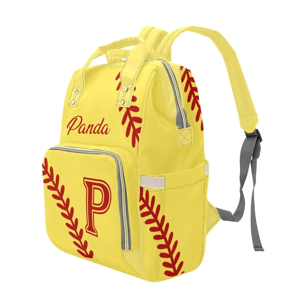 Softball Pattern Yellow Diaper Bags Backpack with Name Personalized Baby Bag Nursing Nappy Bag Travel Tote Bag Gifts