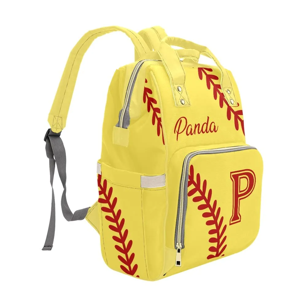 Softball Pattern Yellow Diaper Bags Backpack with Name Personalized Baby Bag Nursing Nappy Bag Travel Tote Bag Gifts