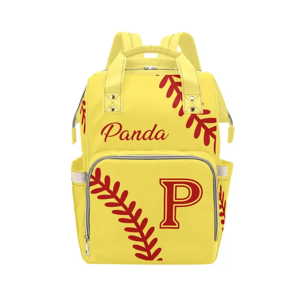 Softball Pattern Yellow Diaper Bags Backpack with Name Personalized Baby Bag Nursing Nappy Bag Travel Tote Bag Gifts