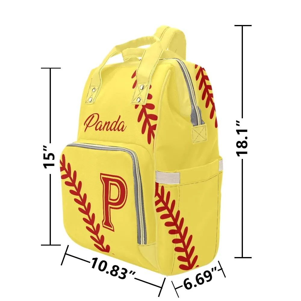 Softball Pattern Yellow Diaper Bags Backpack with Name Personalized Baby Bag Nursing Nappy Bag Travel Tote Bag Gifts