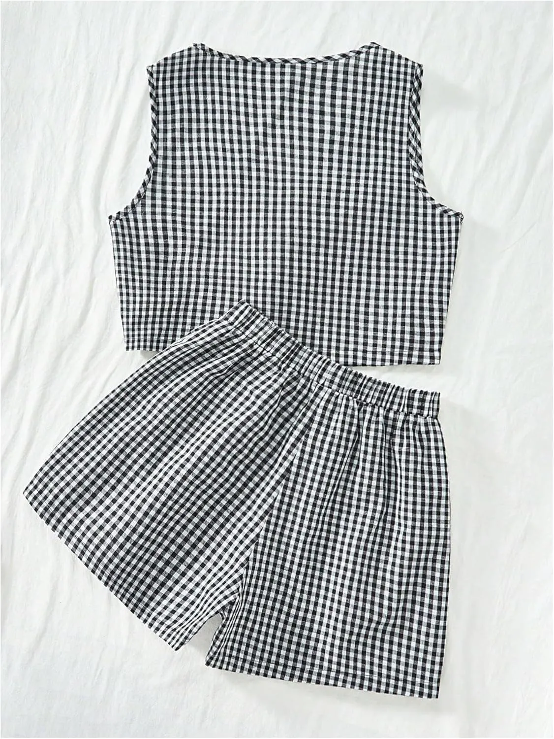 SOLY HUX Women's Summer 2 Piece Outfits Plaid Print Sleeveless Tie Front Tank Top Vest Shorts Beach Vacation Set